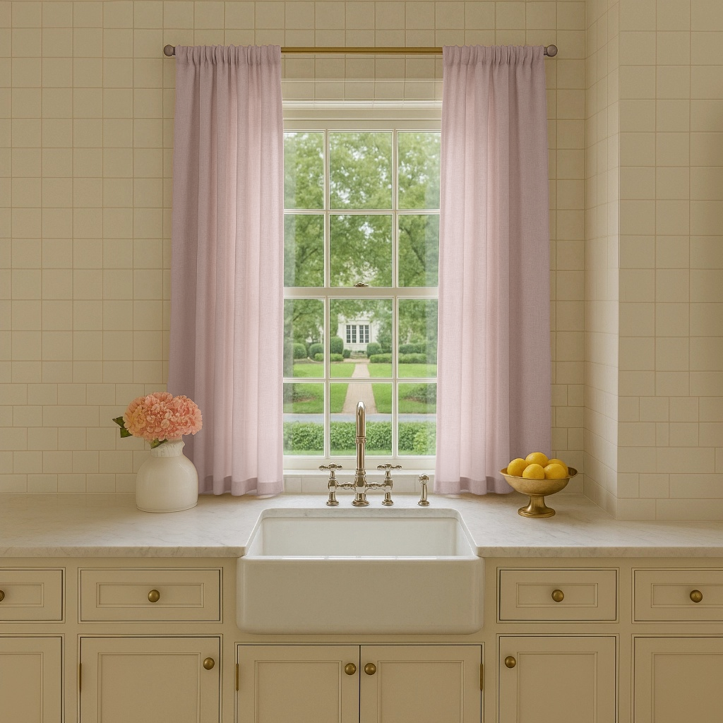 Dusty Pink Long Linen Kitchen Curtains