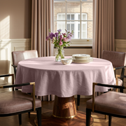 Dusty Pink Linen Round Tablecloth in a Classic Dining Room with Taupe Walls and Blush Leather Chairs