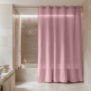 Dusty Rose linen shower curtain in a bathroom with a bathtub and tiled wall.