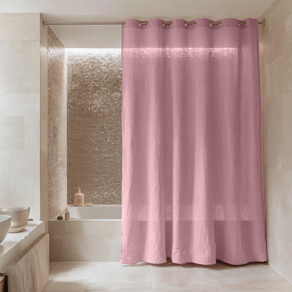 Dusty Rose linen shower curtain in a bathroom with a bathtub and tiled wall.