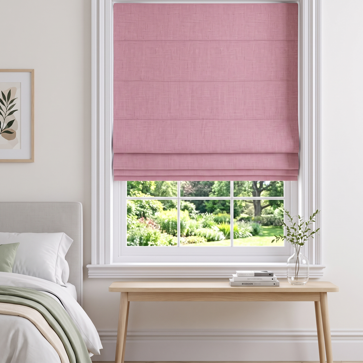 Dusty Rose Roman Blinds in a Contemporary Bedroom with Neutral Walls and a Light Wood Console Table