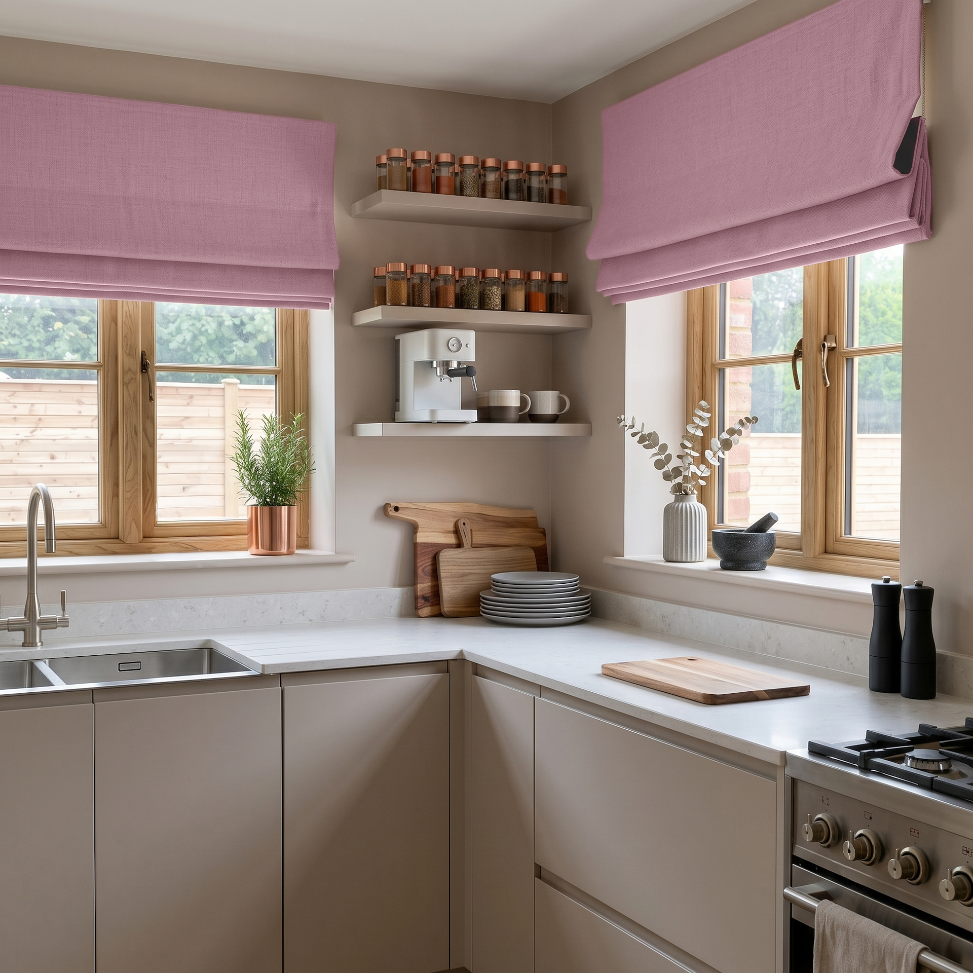 Dusty Rose Linen Roman Blinds in a Cozy Kitchen with Natural Wood Windows - Blackout Lining