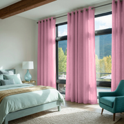 Dusty Rose Linen Eyelet Bedroom Curtains in a Bright Bedroom with Soft Aqua Accents