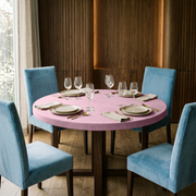 Dusty Rose Linen Fitted Round Tablecloth in a Warm Dining Room with Walnut Wood Walls and Sky Blue Velvet Chairs