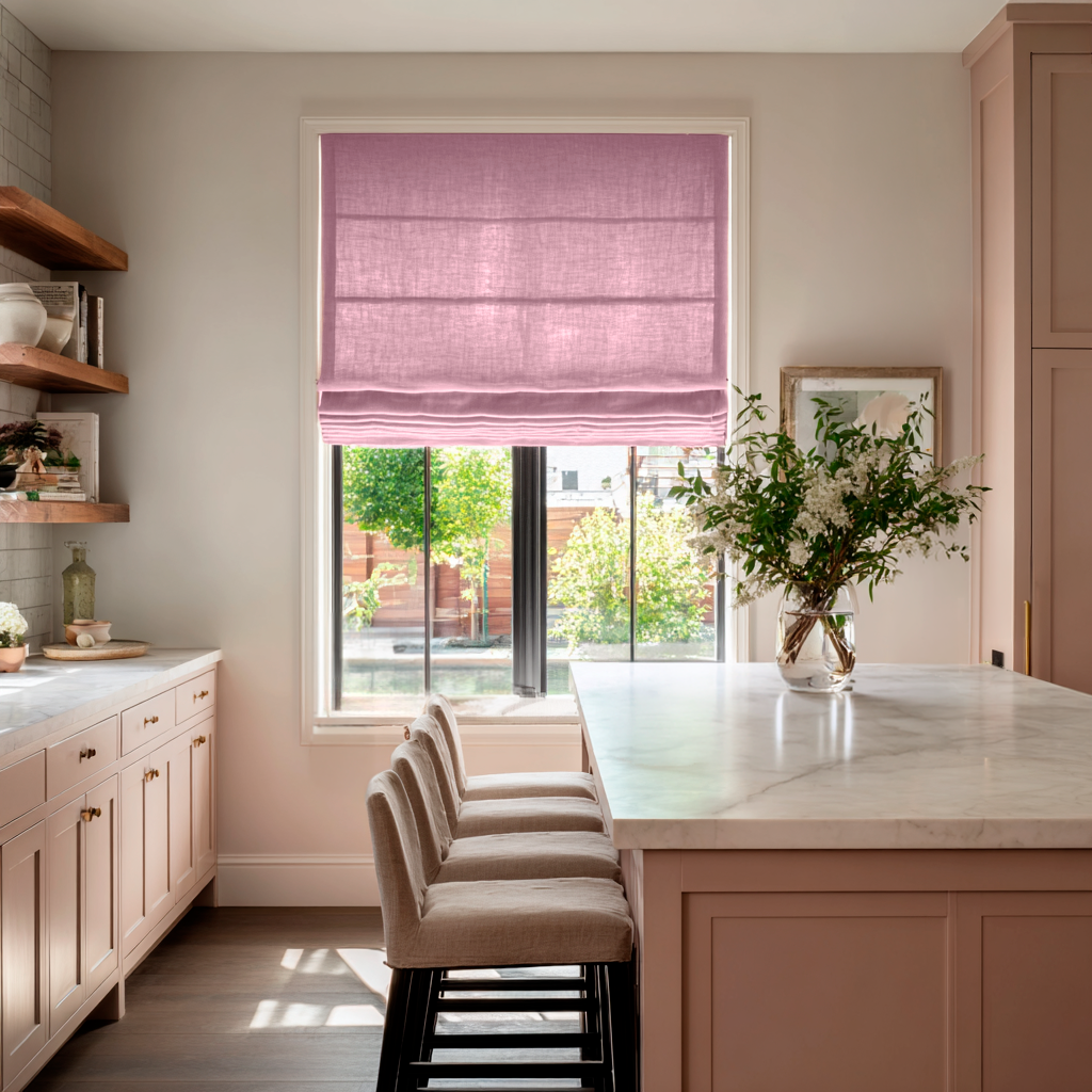 Dusty Rose Linen Roman Blinds in a Bright Kitchen with a Marble Island - Cotton Lining