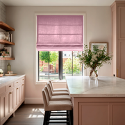 Dusty Rose Linen Roman Blinds in a Bright Kitchen with a Marble Island - Cotton Lining