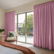 Dusty Rose Linen Pencil Pleat Curtains in a Warm Bedroom with Creamy Beige Walls and Sage Green Accents - Blackout Lining