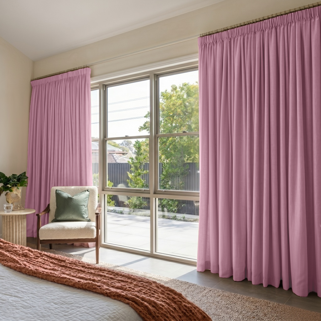 Dusty Rose Linen Pencil Pleat Curtains in a Warm Bedroom with Creamy Beige Walls and Sage Green Accents - Blackout Lining