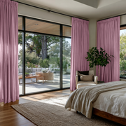 Dusty Rose Linen Pencil Pleat Curtains in a Contemporary Bedroom with Light Greige Walls and Natural Wood Accents - Cotton Lining