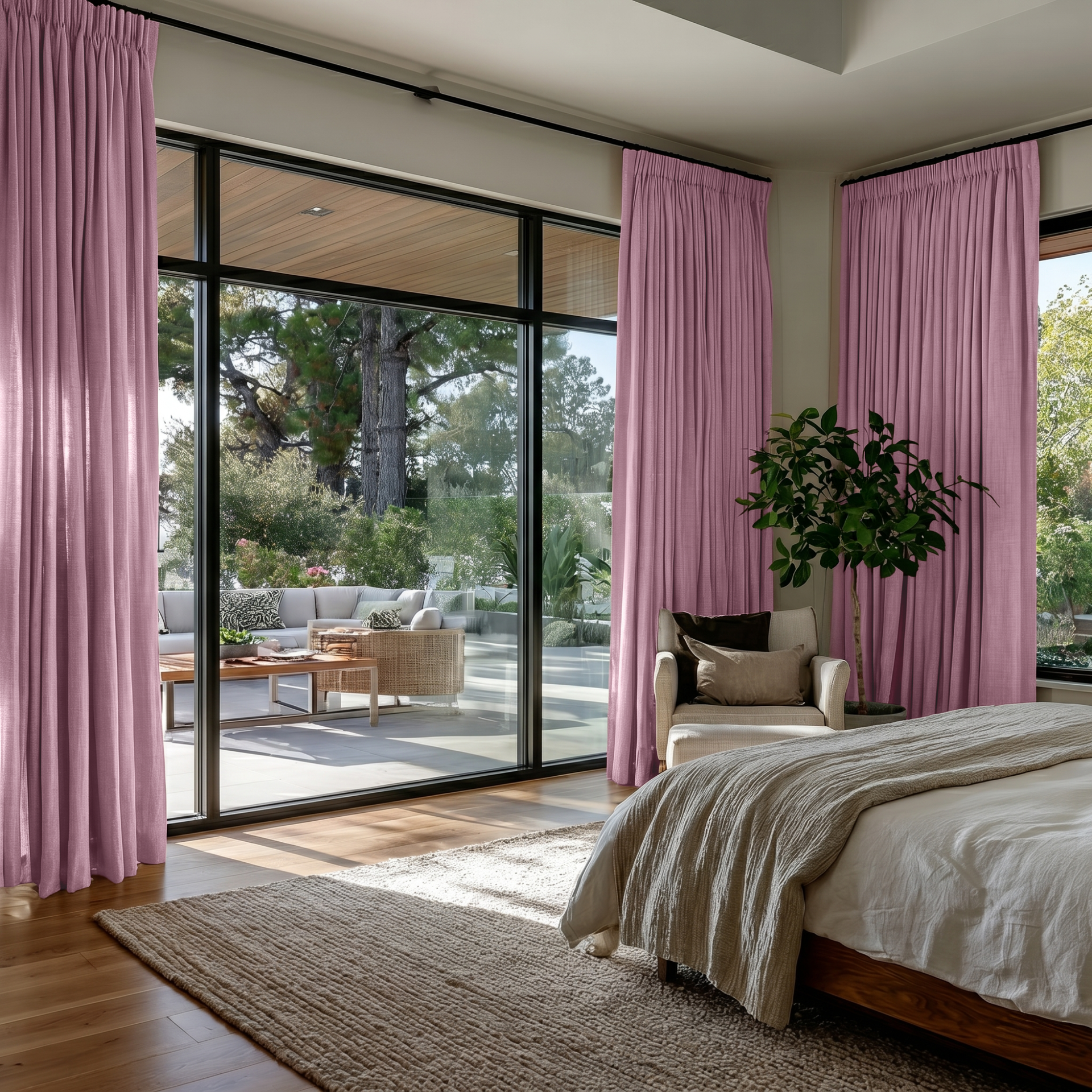 Dusty Rose Linen Pencil Pleat Curtains in a Contemporary Bedroom with Light Greige Walls and Natural Wood Accents - Cotton Lining