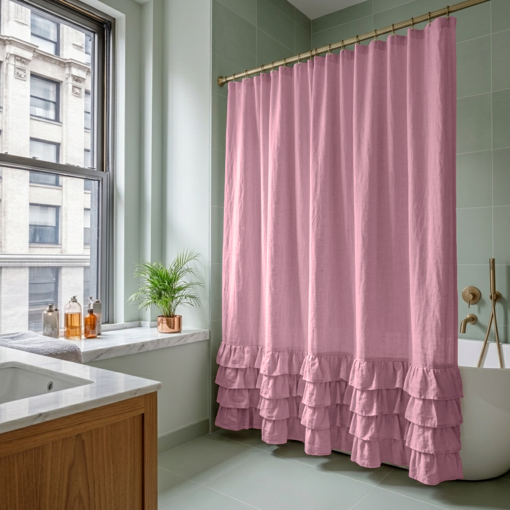 Dusty Rose Linen Ruffled Shower Curtain