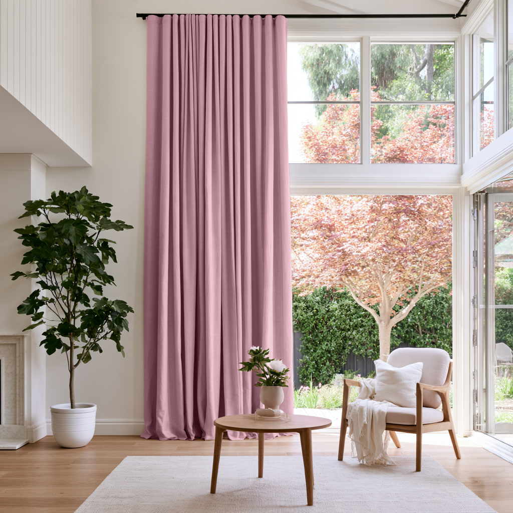 Dusty Rose Linen S-Fold Extra Long Curtains in a Bright Modern Living Room with a Relaxation Zone and Floor-to-Ceiling Windows