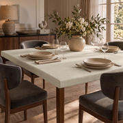 Ecru Fitted Square Heavy Weight Linen Tablecloth in a Transitional Dining Room with Grey Upholstered Chairs