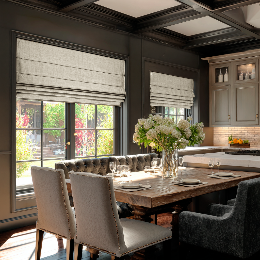 Ecru Heavy Weight Linen Roman Blinds in an Elegant Kitchen Dining Room with Dark Paneled Walls - Blackout Lining