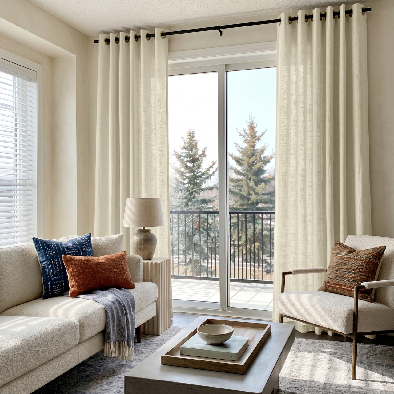 Ecru Heavy Weight Linen Eyelet Curtains for Sliding Door in a Bright Living Room with Cream Seating, Black Rod, and Balcony View
@Heading: Eyelets