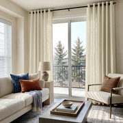 Ecru Heavy Weight Linen Eyelet Curtains for Sliding Door in a Bright Living Room with Cream Seating, Black Rod, and Balcony View
@Heading: Eyelets