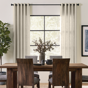 Ecru Heavy Weight Linen Eyelets Curtains in a Contemporary Dining Room with Dark Wood Furniture and Black-Framed Window