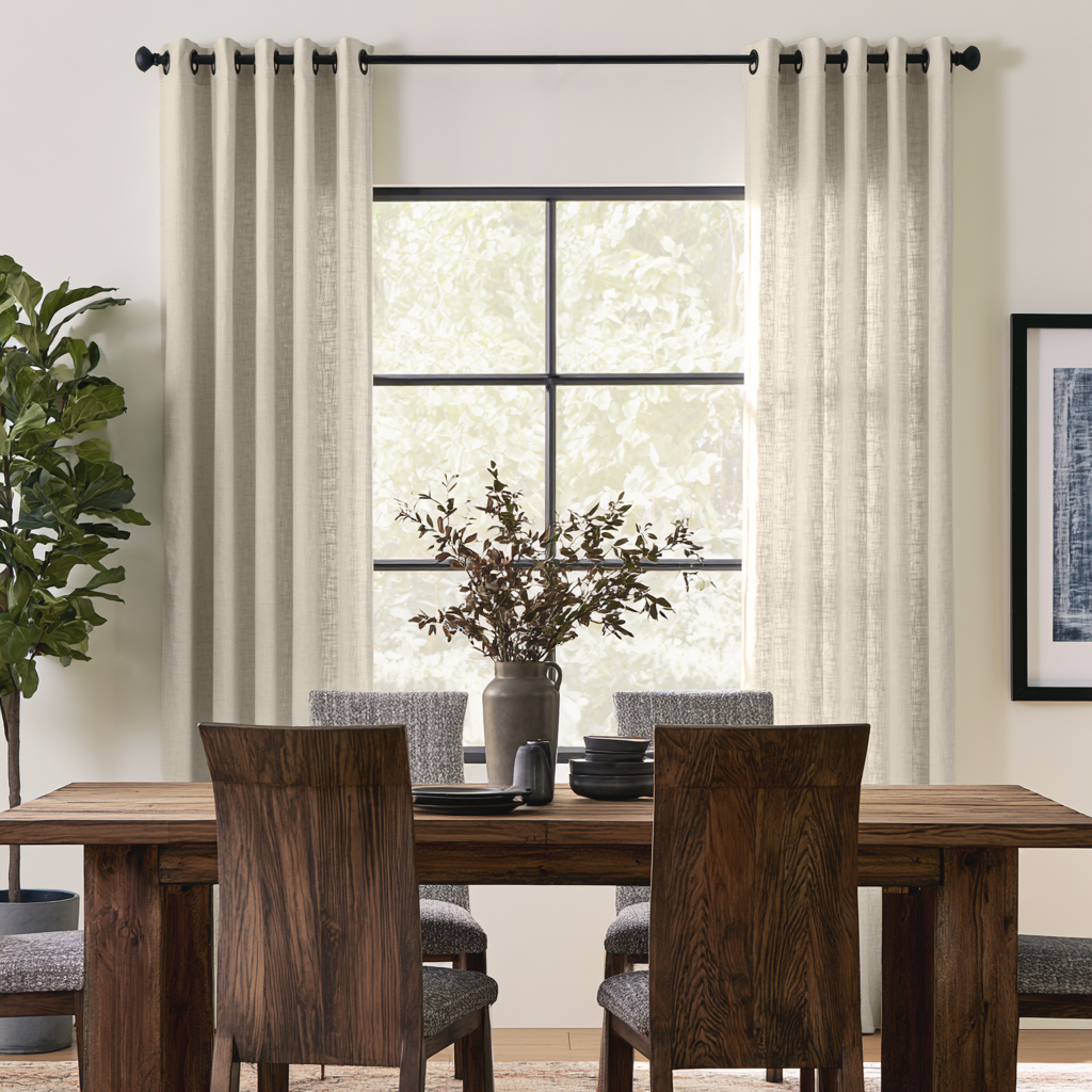 Ecru Heavy Weight Linen Eyelets Curtains in a Contemporary Dining Room with Dark Wood Furniture and Black-Framed Window