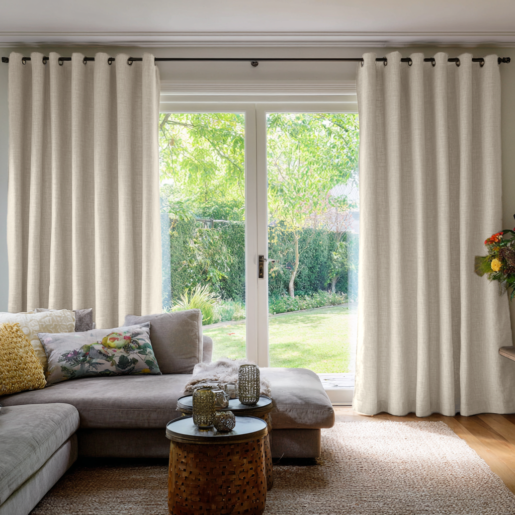 Ecru Heavy Weight Linen Eyelets Extra Long Curtains in a Cozy Contemporary Living Room with Neutral Sectional Sofa