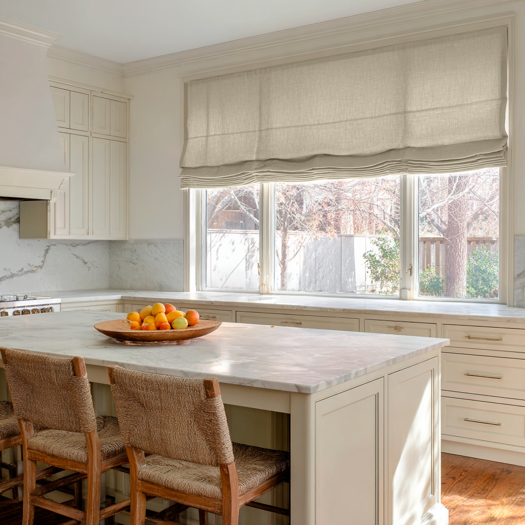 Ecru Heavy Weight Linen Relaxed Roman Shades in a Bright Kitchen with Cream Cabinetry - Cotton Lining
