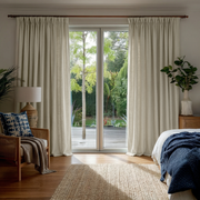 Ecru Heavy Weight Linen Pinch Pleat Curtains for Sliding Door in a Calm Bedroom with Natural Wood, Blue Bedding Accent, and Tropical Garden View - Cotton Lining
@Heading: Pinch Pleat