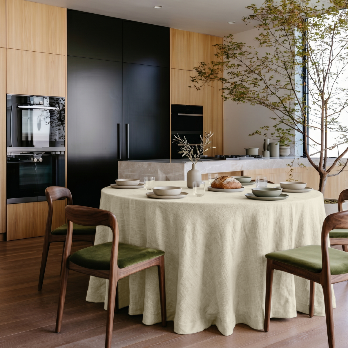 Ecru Heavy Weight Linen Round Tablecloth in a Modern Kitchen with Soft White Walls and Olive Green Accents