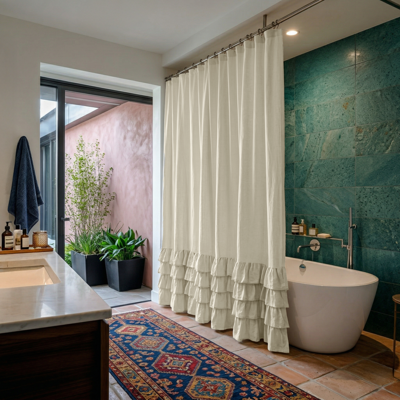 Ecru Heavy Weight Linen Ruffled Shower Curtain