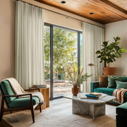Ecru Heavy Weight Linen S-Fold Curtains for Sliding Door in a Modern Living Room with Wood Ceiling, Green Accent Seating, and Garden View
@Heading: S-Fold