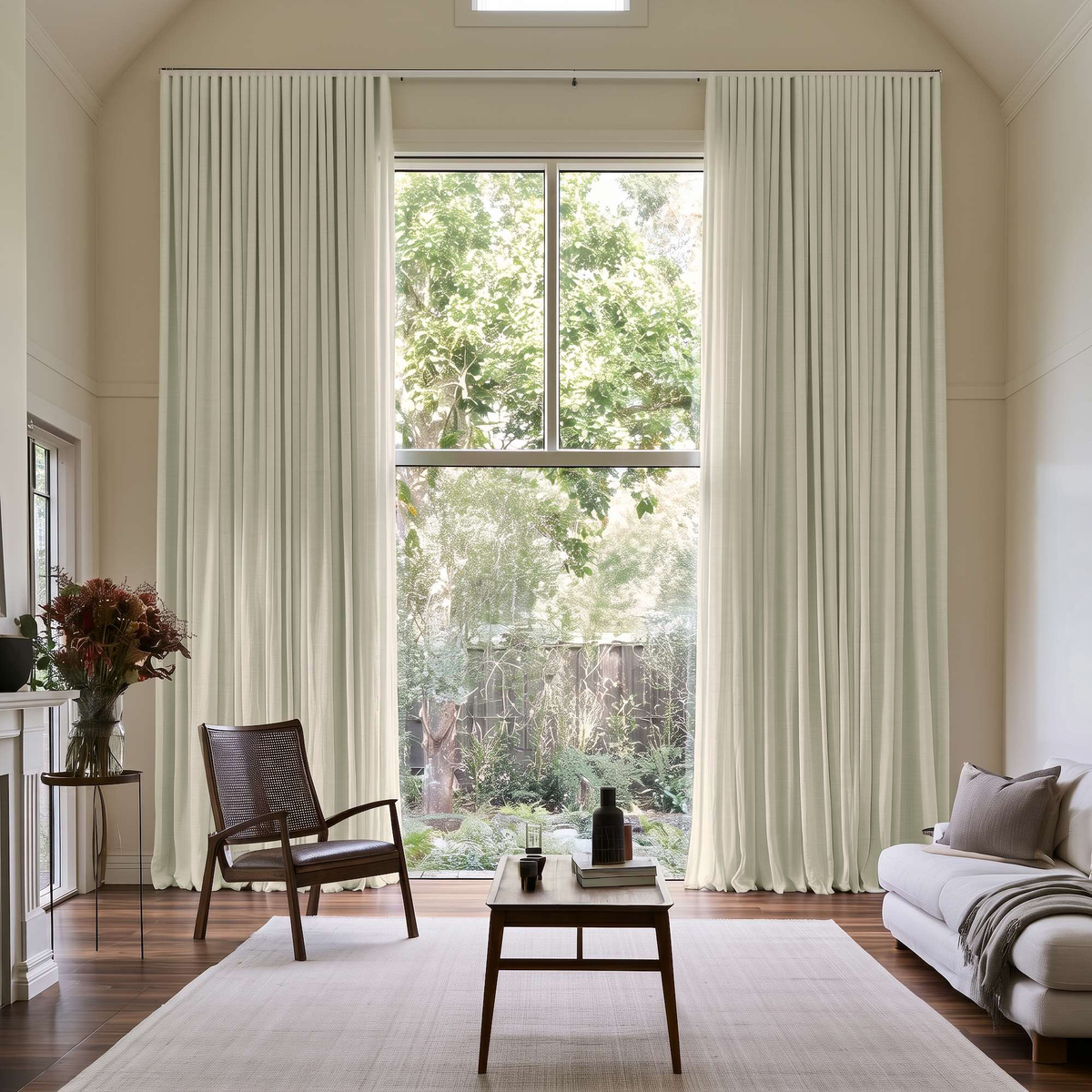 Ecru Heavy Weight Linen S-Fold Extra Long Curtains in a Modern Double-Height Living Room with Minimalist Furniture