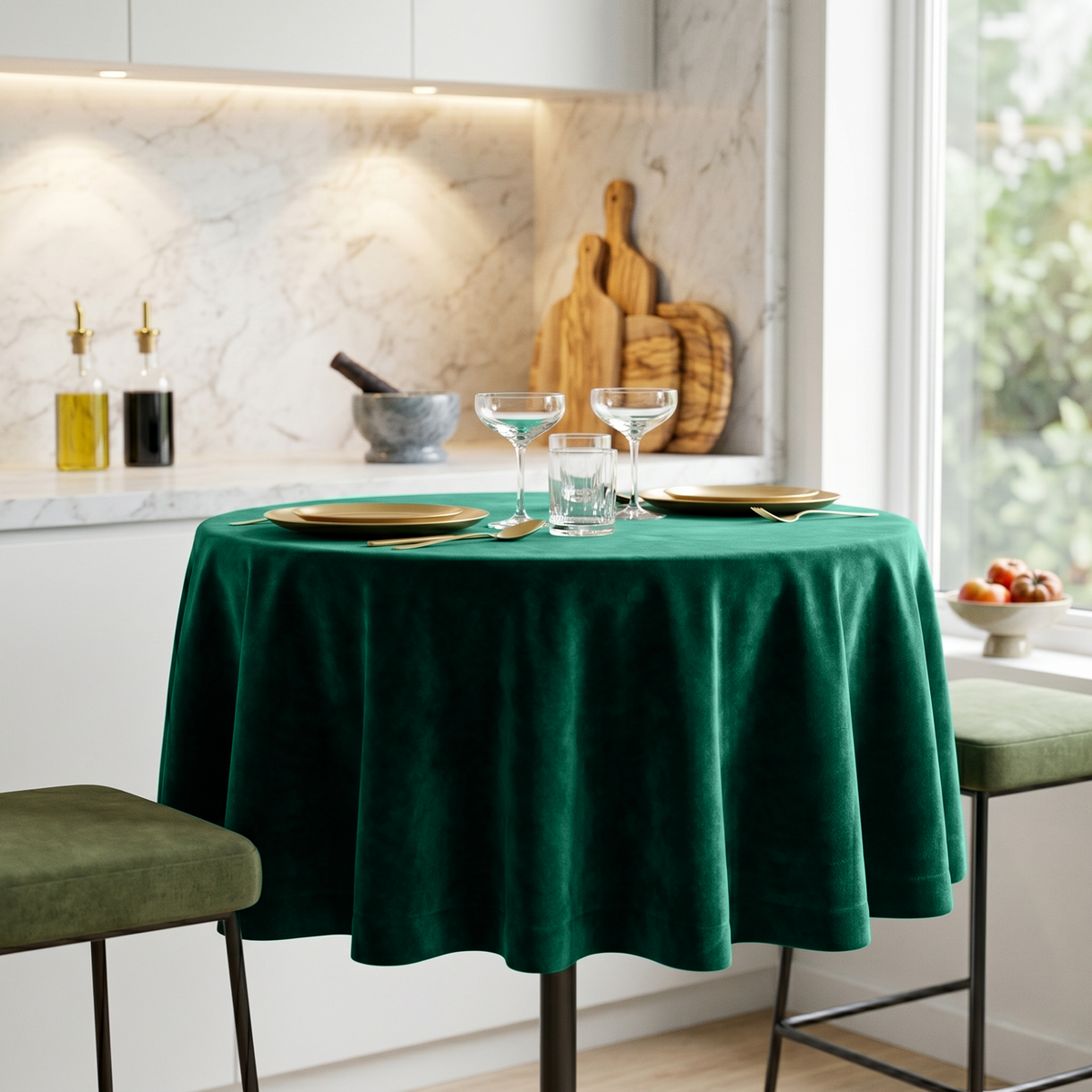Emerald Green Small Velvet Round Tablecloth in a Bright Kitchen with Marble Backsplash and White Cabinetry