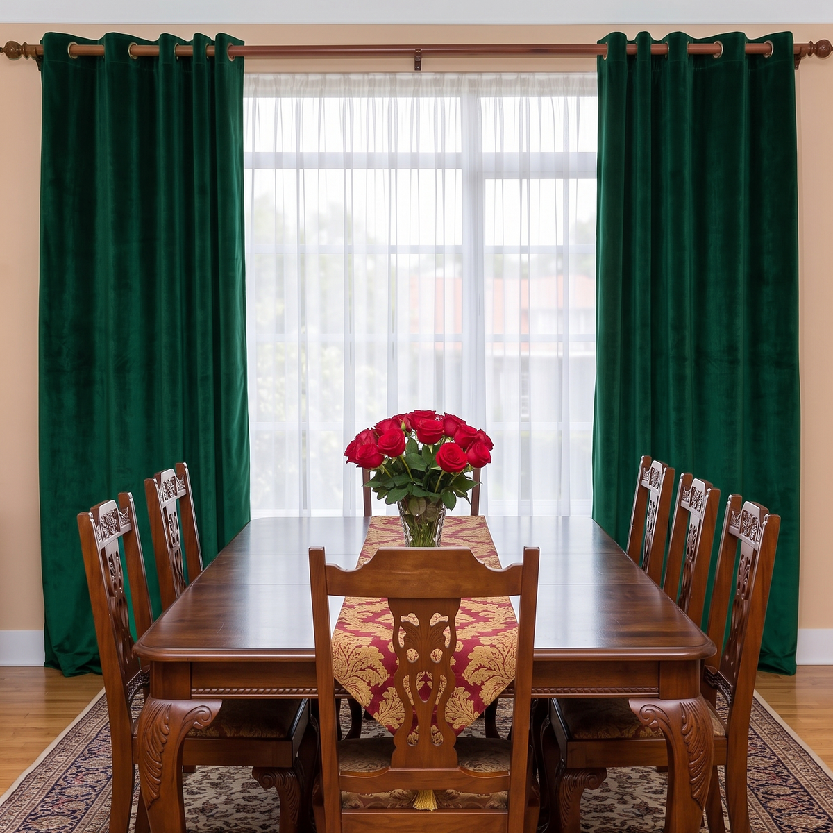 Classic dining room with emerald green grommet curtains, carved wooden furniture, and elegant red roses.