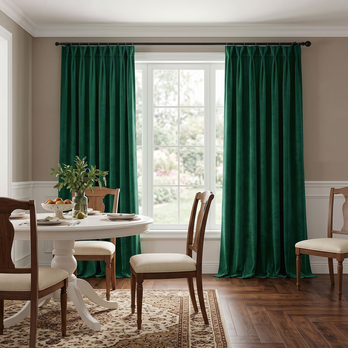 Elegant dining room with emerald green pinch-pleat curtains, classic furniture, and garden views.
