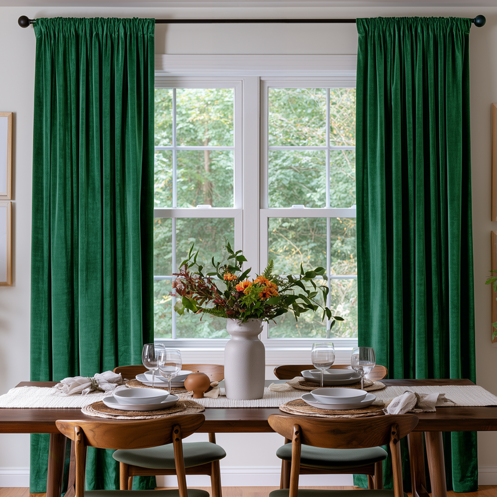 Inviting dining room with emerald green rod-pocket curtains, warm wooden furniture, and fresh florals.
