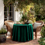 Emerald Green Velvet Round Tablecloth in a Garden Patio
