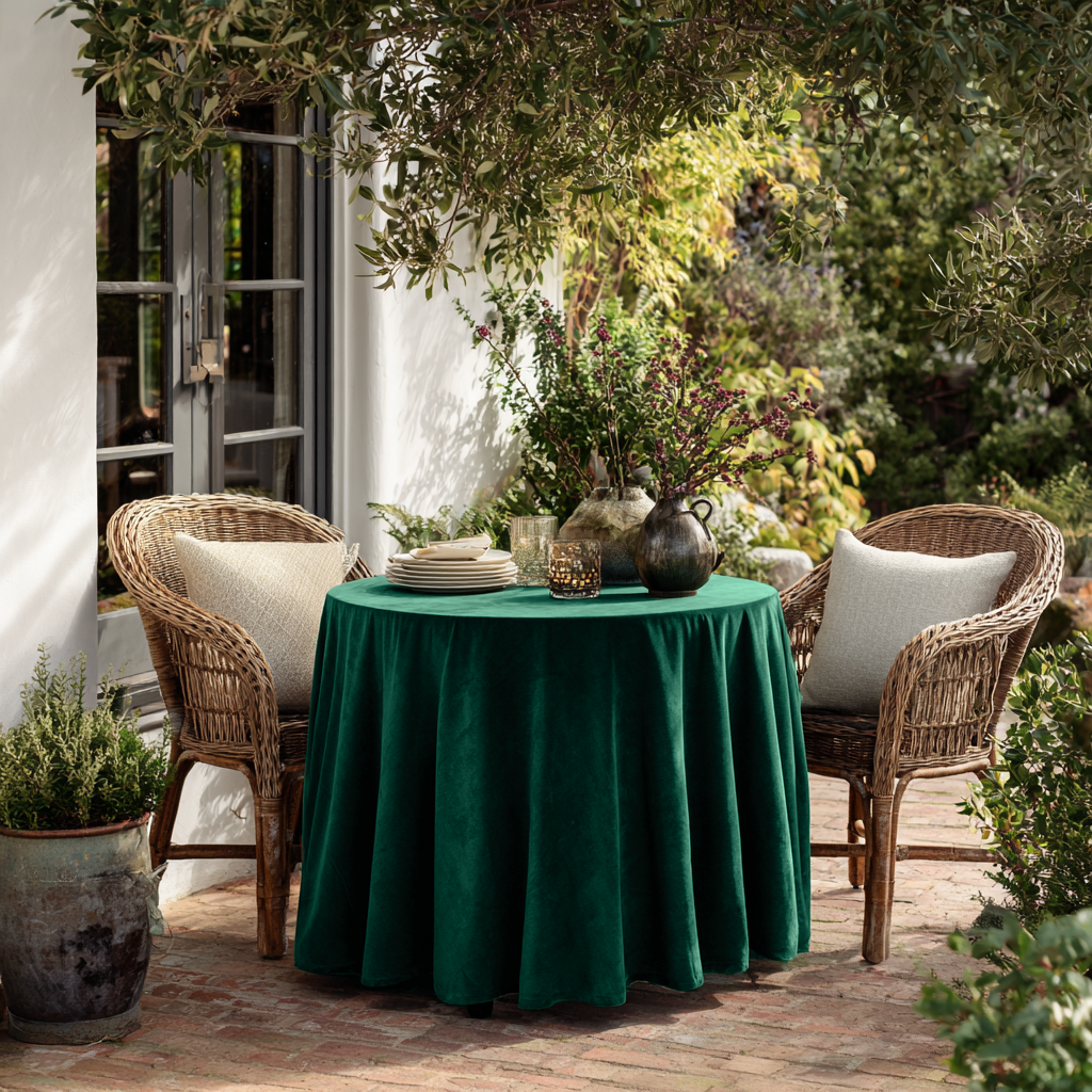 Emerald Green Velvet Round Tablecloth in a Garden Patio