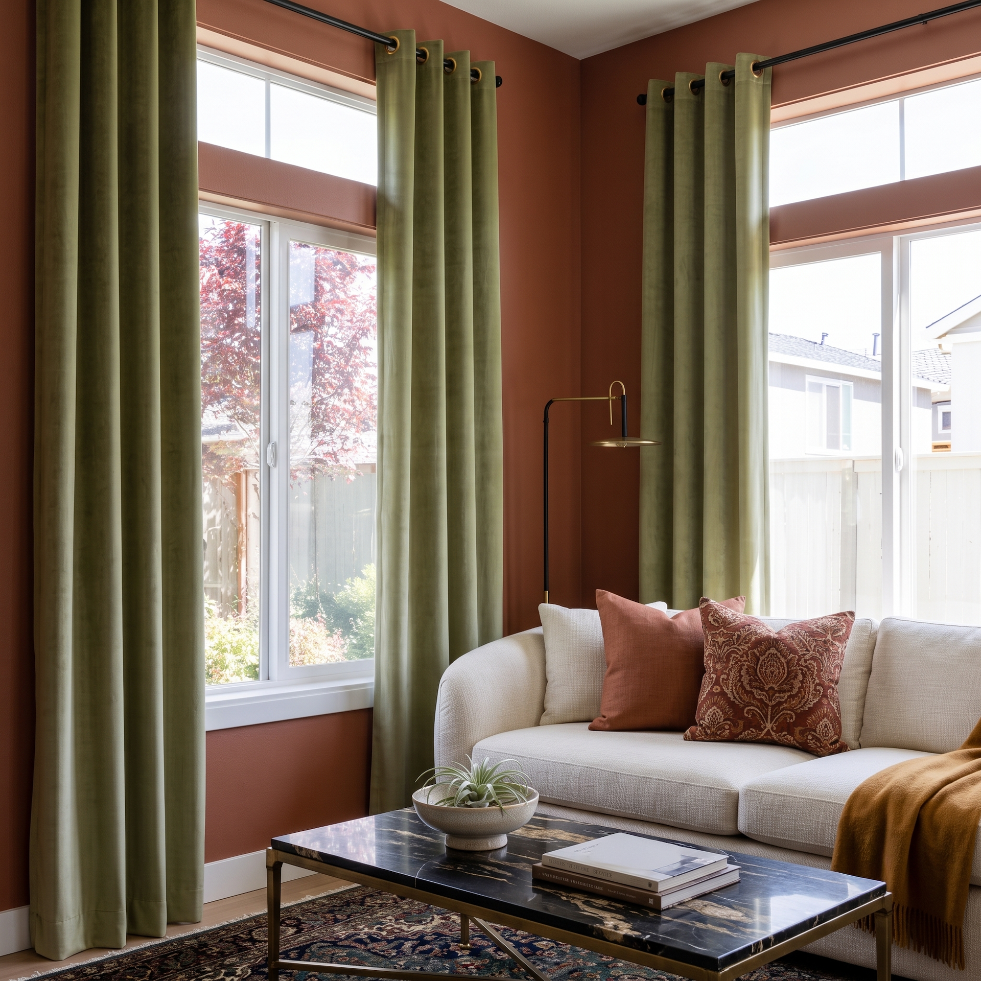 Olive Green Velvet Eyelet Curtains in a Contemporary Living Room with Terracotta Walls