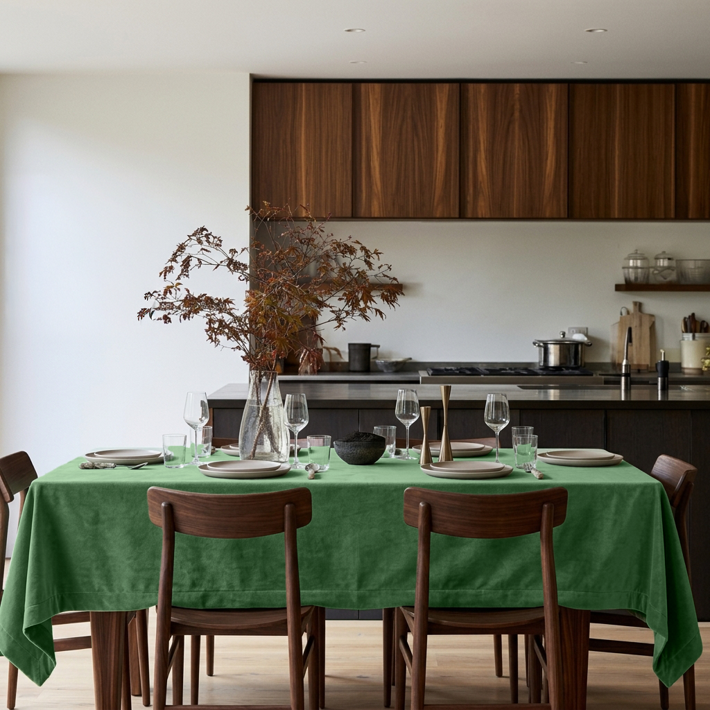 Fern Green Rectangular Velvet Tablecloth in a Contemporary Kitchen with Walnut Cabinetry and Wooden Dining Chairs