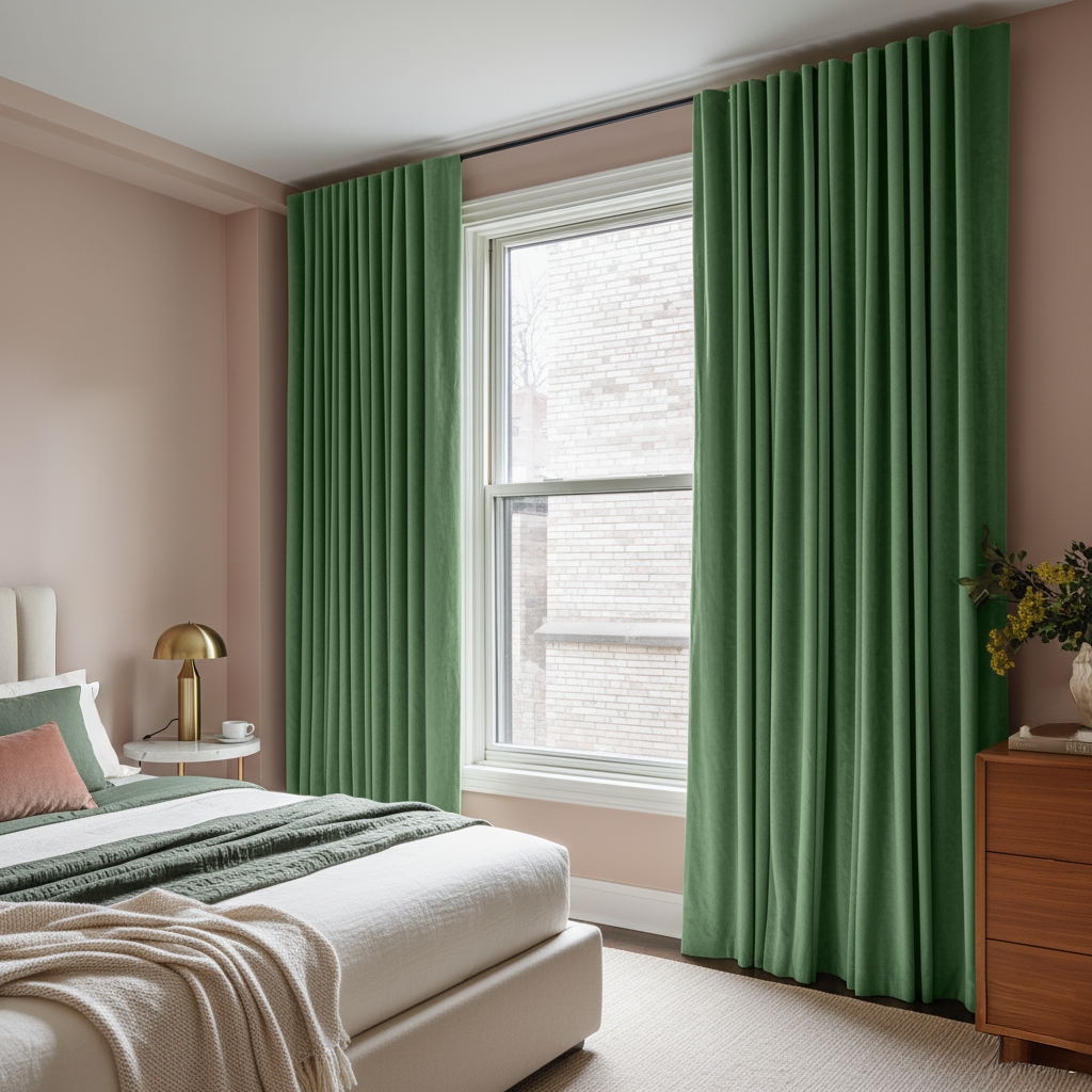 Fern Green Velvet Back Tab Blackout Curtains in a Bedroom with Blush Pink Walls