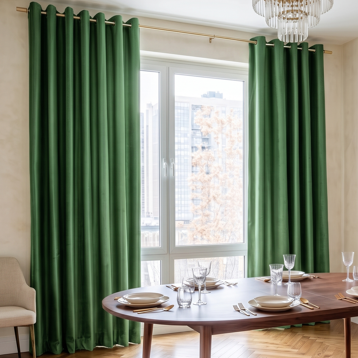 Elegant dining room with deep green grommet curtains, modern wooden furniture, and a city view.
