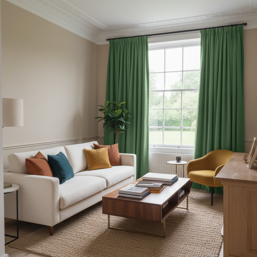 Fern Green Velvet Pencil Pleat Blackout Curtains in a Living Room with Beige Walls