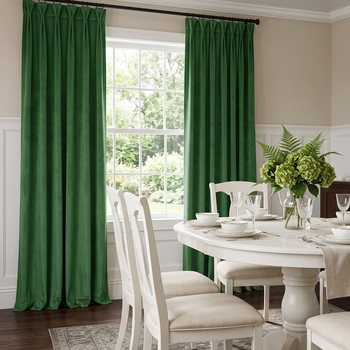 Elegant dining room with deep green pinch-pleat curtains, white furniture, and fresh botanical décor.