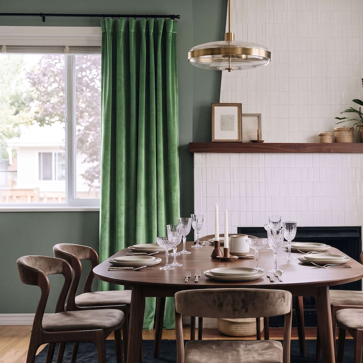 Modern dining room with deep green S-fold curtains, sculptural wooden chairs, and elegant lighting.
