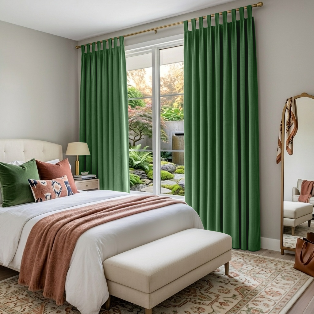 Fern Green Velvet Tab Top Blackout Curtains in a Bedroom with Light Grey Walls