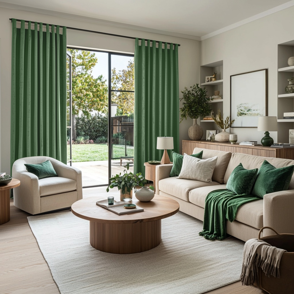 Fern Green Velvet Tab Top Blackout Curtains in a Living Room with Light Taupe Walls