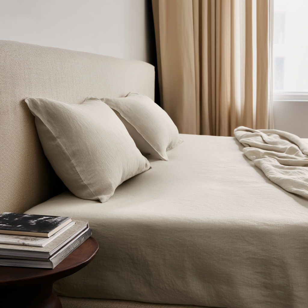 Ecru Beige Washed Linen Heavyweight Extra Deep Fitted Sheet Set