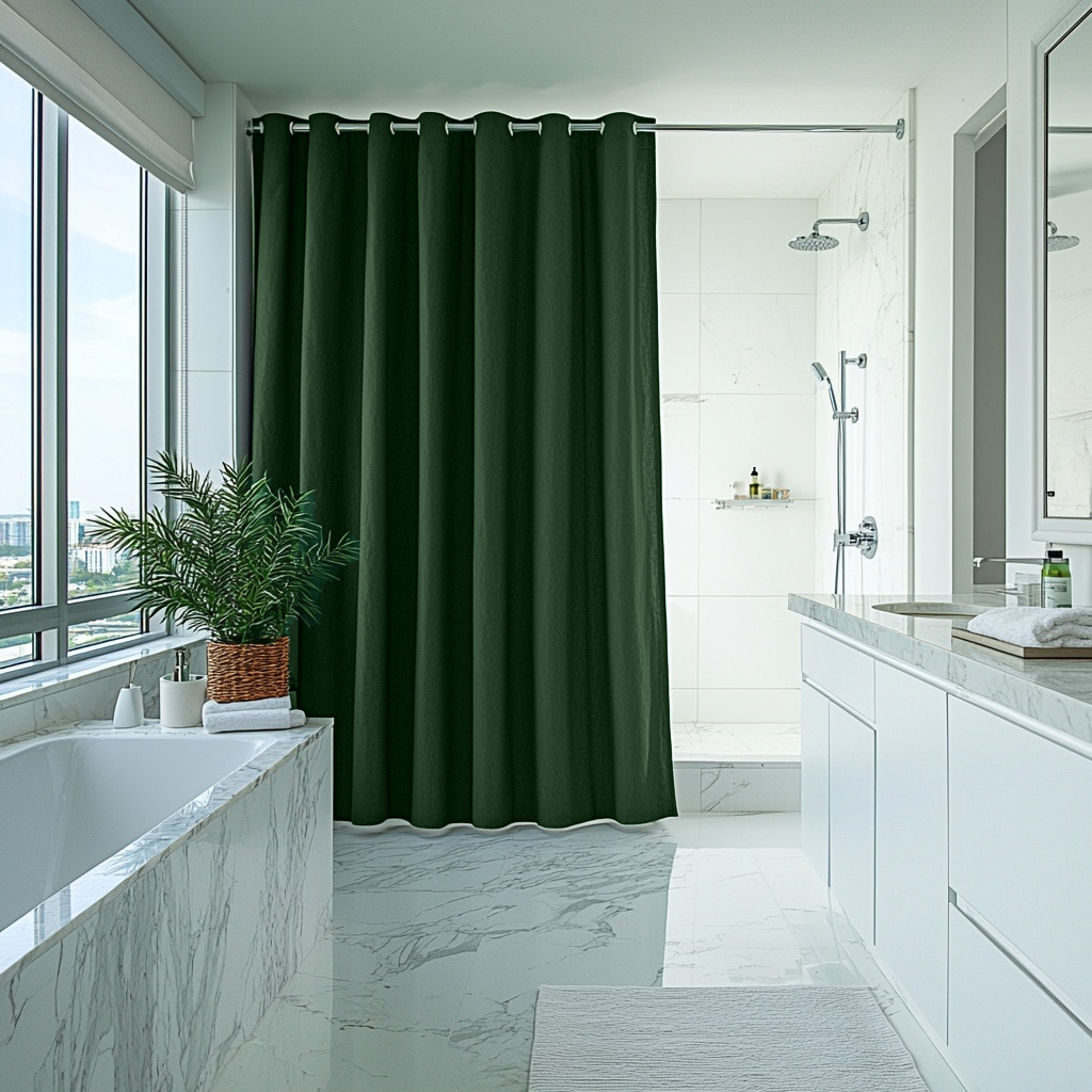 Forest Green Hookless Linen Shower Curtain