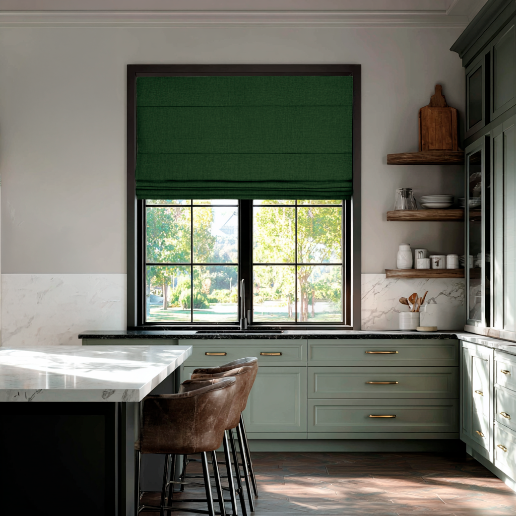 Forest Green Linen Roman Blinds in an Elegant Contemporary Kitchen with a Marble Island - Blackout Lining