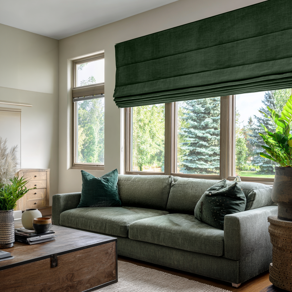 Forest Green Linen Roman Blinds - Blackout Lining