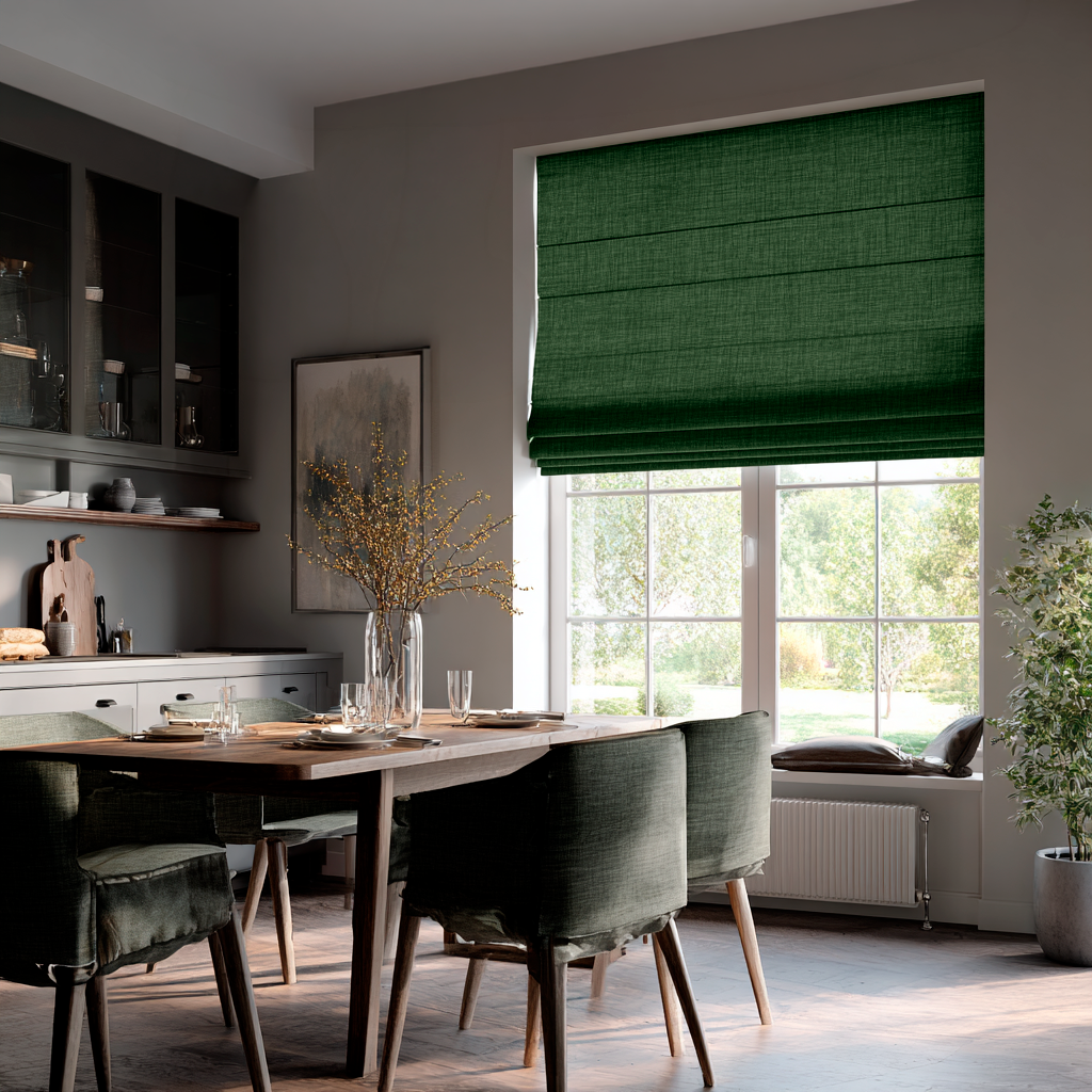Forest Green Linen Roman Blinds in a Modern Dining Kitchen with a Window Seat - Cotton Lining