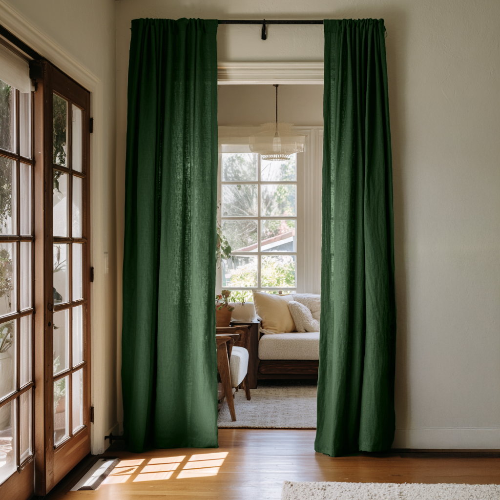 Forest Green Linen Doorway Curtains with Multitape